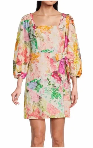 VINCE CAMUTO Floral Print Mini Dress Size 2 Pink Green Cotton‎ Linen Tie Waist thumbnail 1
