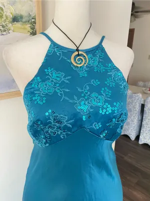 Zum Zum By Niki Livas Vintage 90s Y2K Sequin Halter Satin Prom Dress Teal 9/10 thumbnail 2