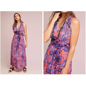 Maeve Anthropologie Macie Maxi Dress Women's 4 Purple Floral Print Orange Belt thumbnail 2