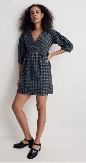 MADEWELL Marianna Puff-Sleeve Mini Dress in Plaid NI640 Size S thumbnail 1