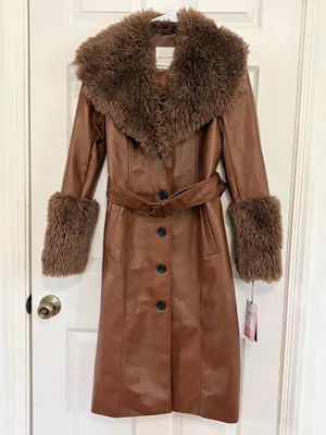 Avec Les Filles Brown Faux Leather Fur Trim Belted Maxi Coat XS Y2K Glam Luxe $258 thumbnail 2