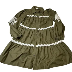 Olive Green Cotton Tiered Mini Dress Floral Embroidery‎ Ric Rac ID17203 Womens thumbnail 10