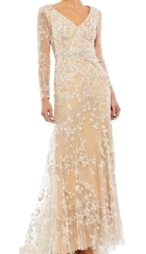 Mac Duggal Floral V Neck Long Sleeve Trumpet Gown 10 NEW Ivory Nude thumbnail 1