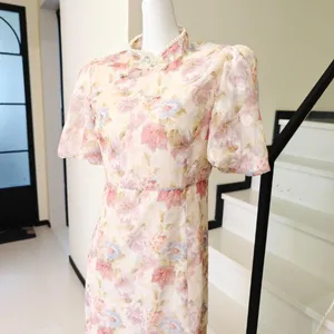 Floral Cheongsam Midi Dress Pearl Stand Collar Puff thumbnail 3