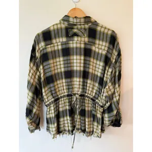 We The Free Ruched Sleeve Fringe Hem Plaid Snap Button Shirt Black Women's Small thumbnail 2