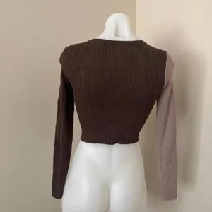 Garage Women’s Button Down Knit Crop Top in Beige & Brown, Small thumbnail 4