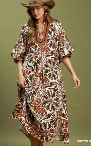 Umgee Abstract Print Midi Dress - Brown Mix - Large thumbnail 1