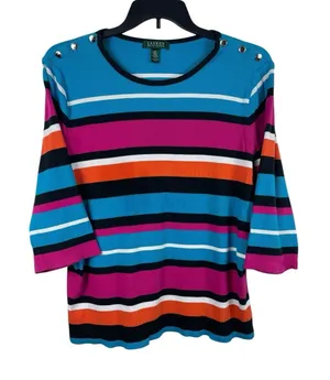 Lauren Ralph Lauren Women’s 3X Stripe Cotton Ribbed Knit Top Button Shoulder thumbnail 1