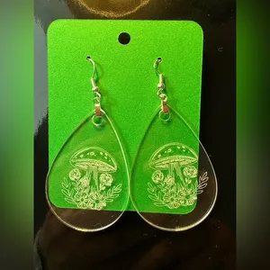 Handmade Mushrooms Engraved Clear Acrylic Teardrop Earrings Silver New thumbnail 1