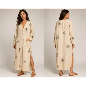 Anthropologie‎ Nautical Embroidered Maxi Dress Cream Seahorse Starfish Small thumbnail 2