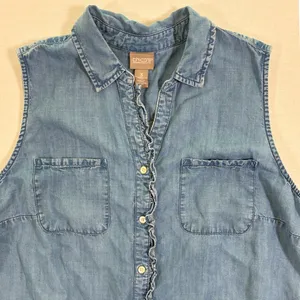 Chicos Blue Sleeveless Ruffle Denim Shirt Button Front Size 3 L XL thumbnail 10