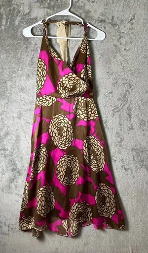 Anka 100% Silk Halter Dress Pink Brown Floral A Line Midi Size Medium Y2K Baddie thumbnail 1