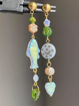 Handmade quality Czech glass beads mix asymmetric unique dangle earrings💚⭐️🐟💕🌙 thumbnail 2