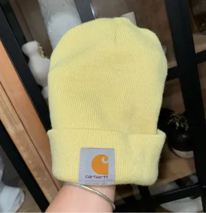 Carhartt WIP beanie hat logo patch unisex knit foldover acrylic limoncello watch thumbnail 1