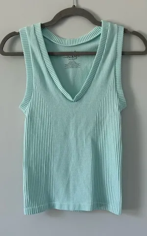 Free People Intimately Mint Sleeveless Ribbed V Neck Fitted Stretchy Top NWT L thumbnail 1