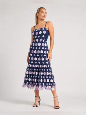 Just Me Navy Floral Crochet Midi Dress with Lavender and Cream Accents Navy Floral Croch thumbnail 6