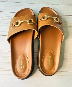 Sonoma Cognac Slide Sandals with Gold Chain Detail Low Heel Size 10 New With Tag thumbnail 1