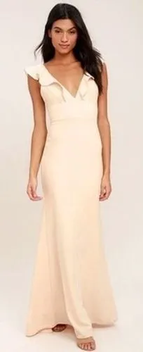 Lulus Maxi Dress Womens Small Blush Pink Madalyn Ruffle V-Neck Formal Gown thumbnail 1