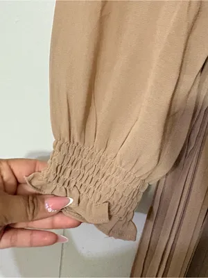 Böhme Pleated Midi Dress Long Sleeve Taupe Smocked Waist Boho Modest Size S thumbnail 6