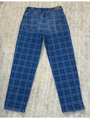 American Eagle Mom Straight medium-dark check plaid stretch denim jeans Size 6 thumbnail 6