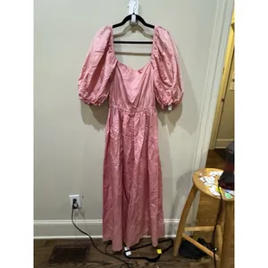 Vintage 80's Puff Sleeve Pink Taffeta Dress Square Neck Off Shoulder Handmade thumbnail 2