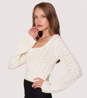 Lost + Wander Serena Pointelle Knit Square Neck Top- Ecru- Size XS/Small- Sample thumbnail 3