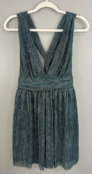 Lulus Mini Dress Womens Size M Teal Blue Silver Metallic Pleated V-Neck Great thumbnail 1