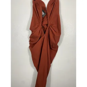 PRETTYLITTLETHING Rust Satin Strapless Ruched Side Slit Midi Dress Size 6 thumbnail 12