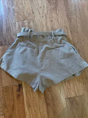 Free People Plaid High-Waist Belted Shorts in Gray-Taupe thumbnail 3