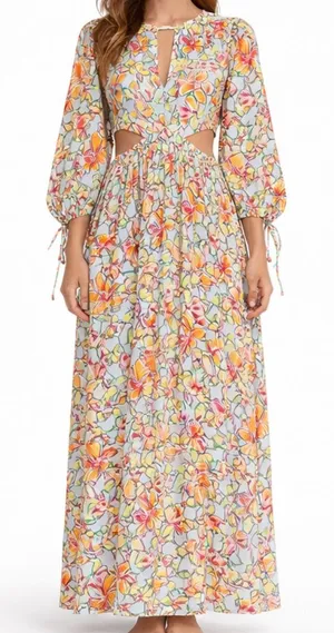 Maje - ‎ Orange Blue Hibiscus Cut Out Maxi Dress thumbnail 1