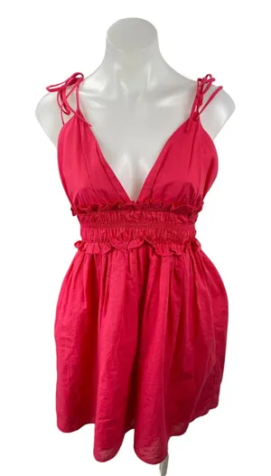 Zara Red Sleeveless Tie Strap V Neck Smocked Cami Tank A Line Mini Dress Size M thumbnail 1