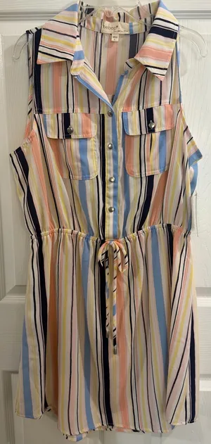 BeBop Pastel Multi-Striped Sleeveless Dress - Navy, Peach, Yellow, Blue, White thumbnail 1