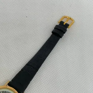 Vintage women gold tone watch quartz analog 22mm round black leather running thumbnail 6