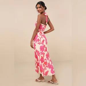 LULU’S Layton Pink And Cream Floral Halter Maxi Dress thumbnail 6