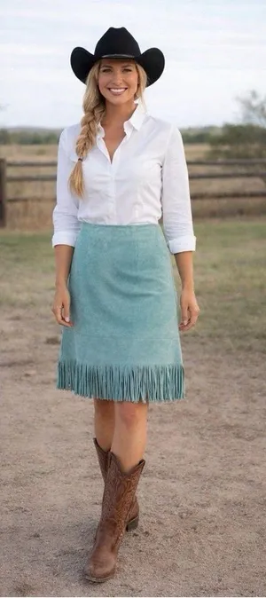 VINTAGE Women's Cuir Zebra Light Blue Fringe Boho Leather Skirt Sz L thumbnail 1