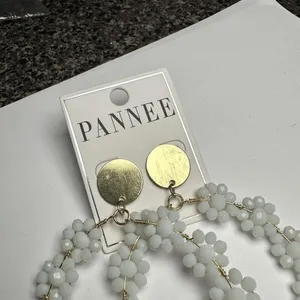 Large Statement Gold Tone White Bead Flower Circle Dangle Drop Pierced Earrings thumbnail 2