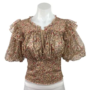 Free People Beatrice Floral Print Brown Lace Up Puff Sleeve Blouse Top Size S thumbnail 8