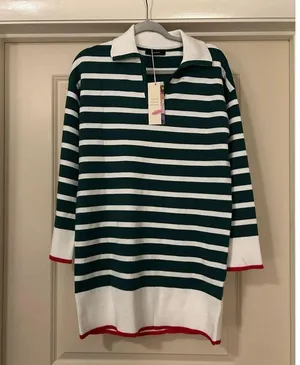 NEW Green Polo V Neck Long Sleeve Dress Striped Mini Sweater Dress S thumbnail 2