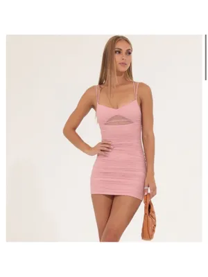 Lucy in the Sky Sandra Dotted Mesh Ruched Bodycon Pink Dress Small thumbnail 2