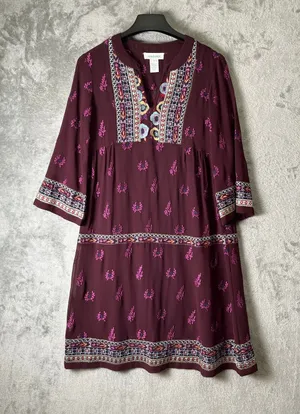 Sundance World Vision Embroidered 3/4 Sleeve Shift Tunic Dress Plum Boho XS thumbnail 1