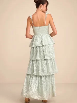 Lulus Stunning Glory Sage Green Floral Jacquard Tiered Maxi Dress - Size S thumbnail 3