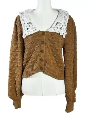 Anthropologie Cottage Balloon Sleeve Battenberg Lace Collared Cardigan Sweater L thumbnail 6