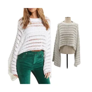 Free People Caught Up Crochet Bell Sleeve Crop‎ Sweater Boho Womens Size Small thumbnail 2