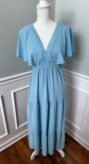 Simplee Apparel Sky Blue Ruffle Maxi Dress Boho Festival thumbnail 3