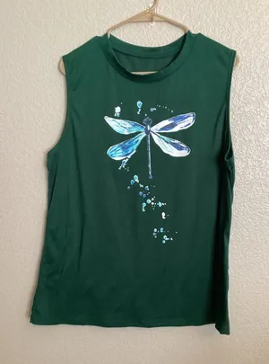 Women's Sleeveless Graphic Tank Watercolor Style Blue Dragonfly Dark Green M thumbnail 1