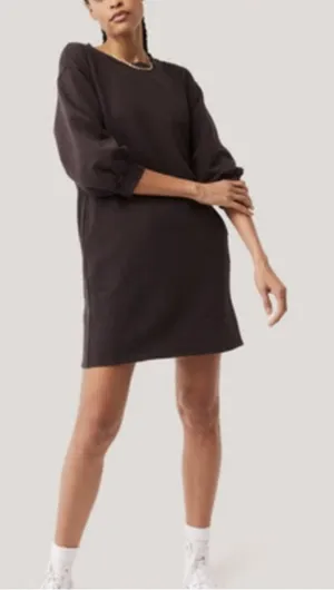 PACT Black Organic Cotton Essential Puff Sleeve Sweatshirt Dress S Pockets thumbnail 1