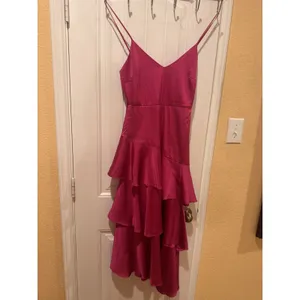 Lulus Charming Crush Hot Pink Satin Tiered Ruffled Midi Dress size xs thumbnail 4