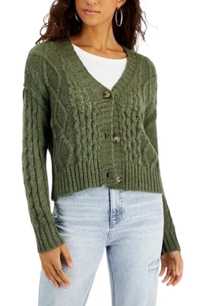 NWT Hooked Up by IOT Juniors Cable-Knit Button-Front Sweater Green thumbnail 1