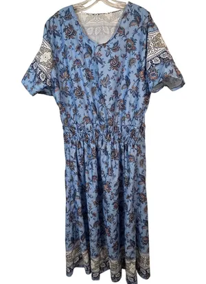 Blue Paisley Floral Bohemian Maxi Dress V-Neck Elastic Waist Short Sleeve thumbnail 1