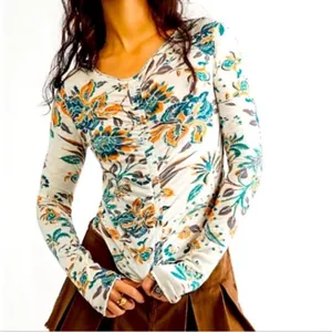 Free People Dreamed Of You Long Sleeve Lettuce Hem Floral Top NWT NEW Teal Combo thumbnail 3